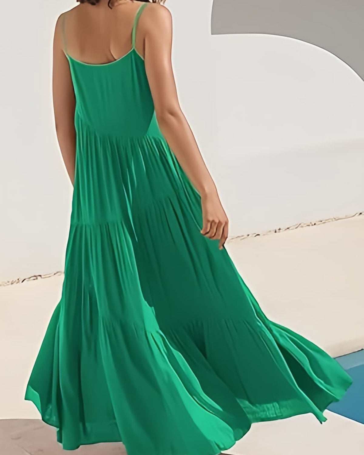 Women’s Dark Green Summer Sleeveless Spaghetti Strap Tiered Maxi Dress