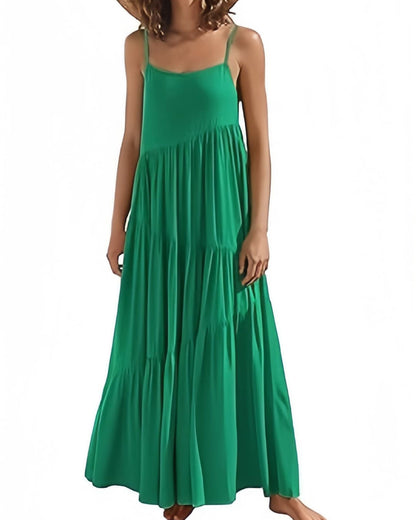 Women’s Dark Green Summer Sleeveless Spaghetti Strap Tiered Maxi Dress
