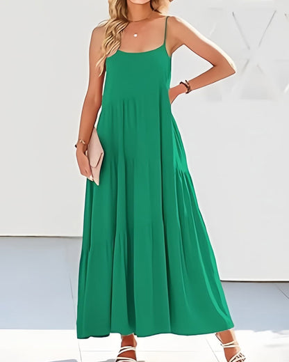 Women’s Dark Green Summer Sleeveless Spaghetti Strap Tiered Maxi Dress