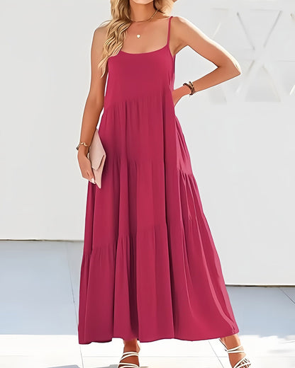 Women’s Rose Red Summer Sleeveless Spaghetti Strap Tiered Maxi Dress