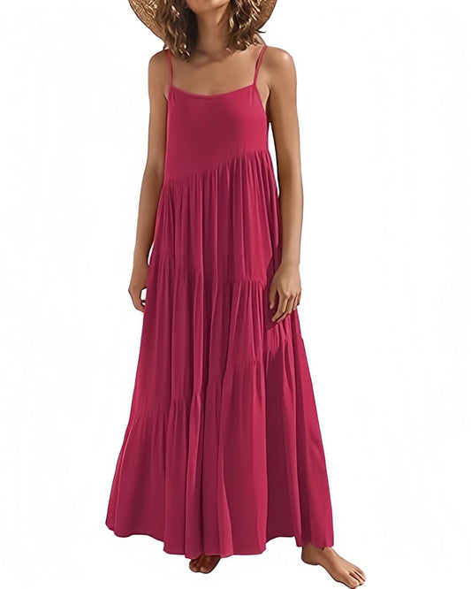 Women’s Rose Red Summer Sleeveless Spaghetti Strap Tiered Maxi Dress