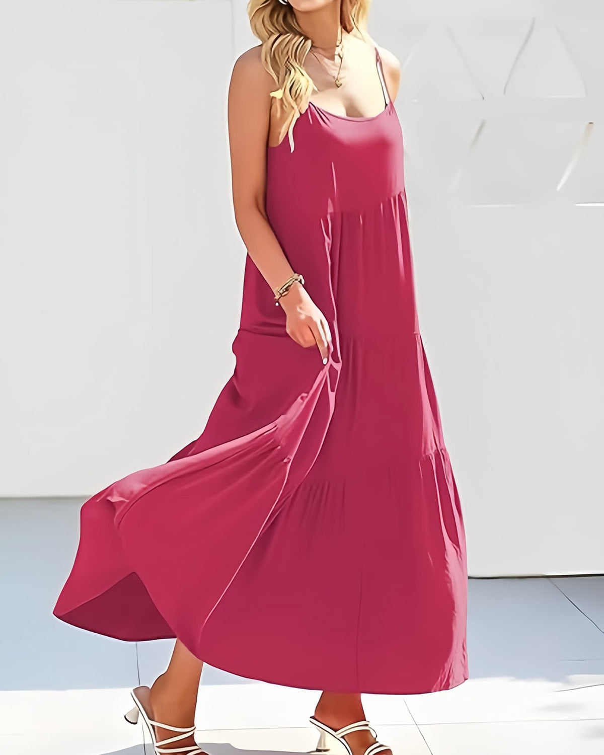 Women’s Rose Red Summer Sleeveless Spaghetti Strap Tiered Maxi Dress