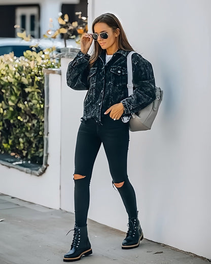 Black Cropped Corduroy Shacket for Women with Fringe & Frayed Hem