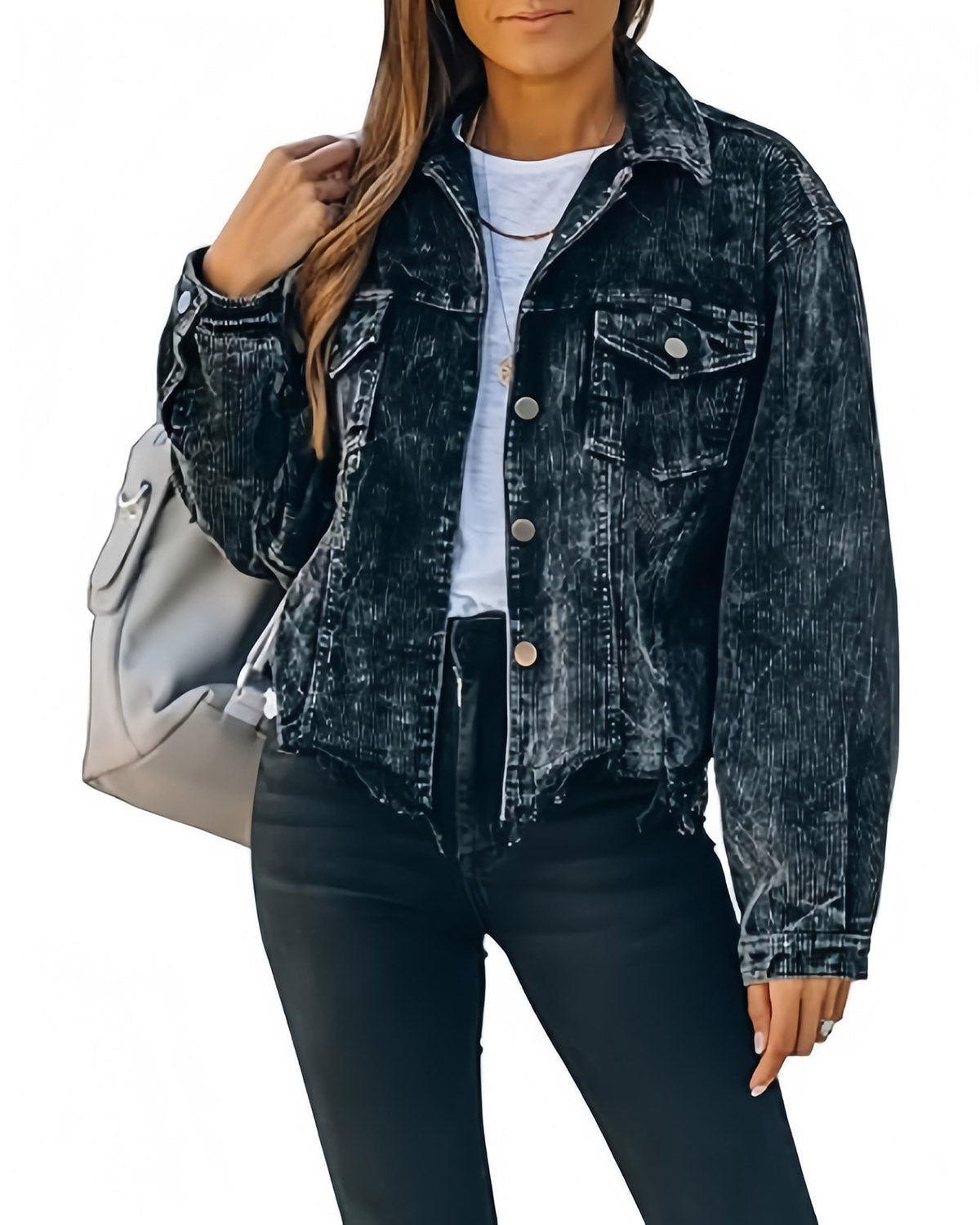 Black Cropped Corduroy Shacket for Women with Fringe & Frayed Hem