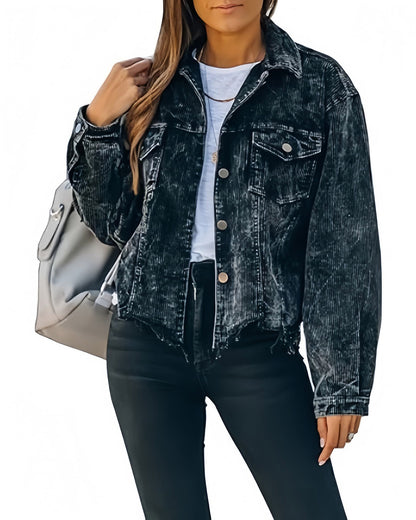 Black Cropped Corduroy Shacket for Women with Fringe & Frayed Hem