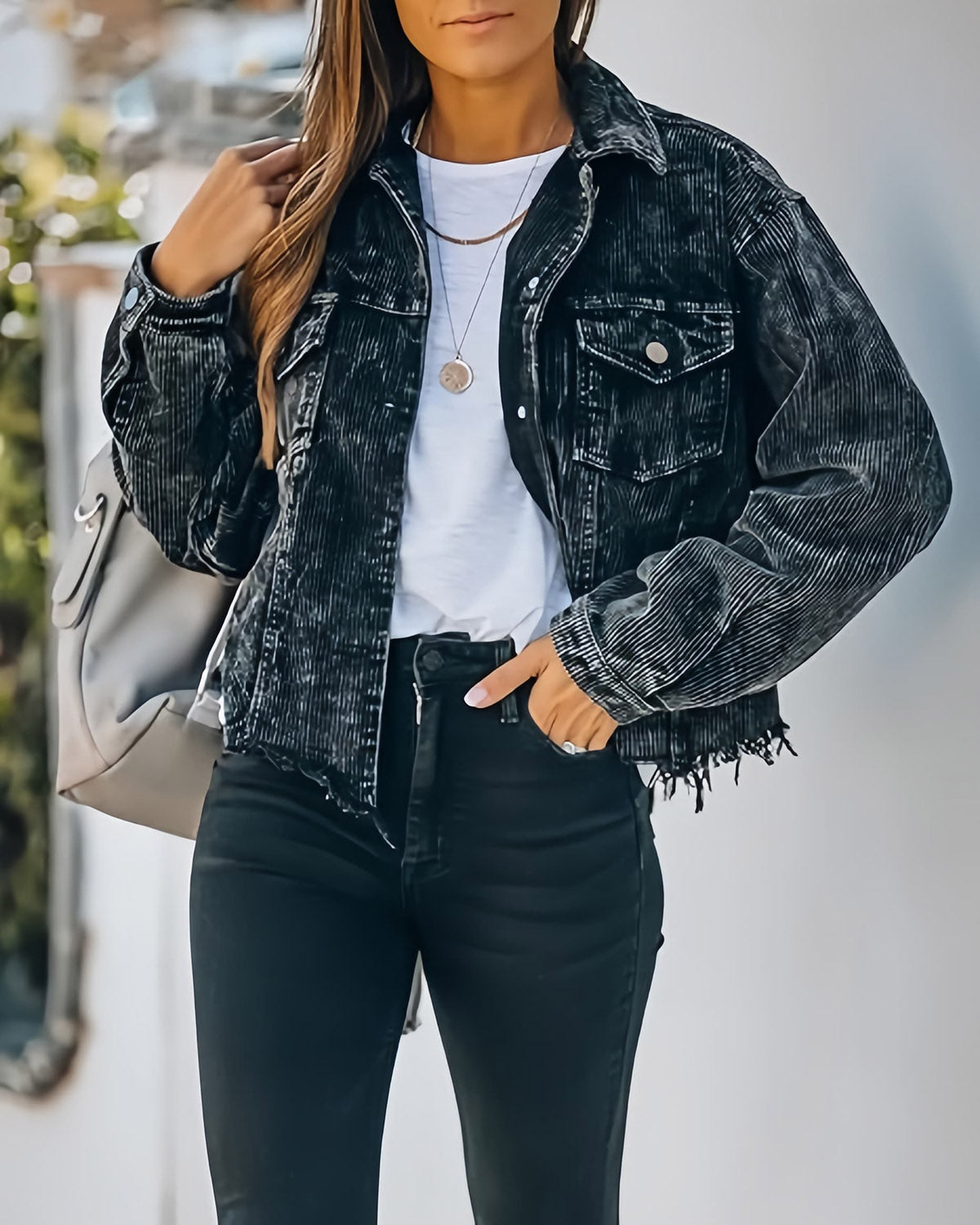 Black Cropped Corduroy Shacket for Women with Fringe & Frayed Hem