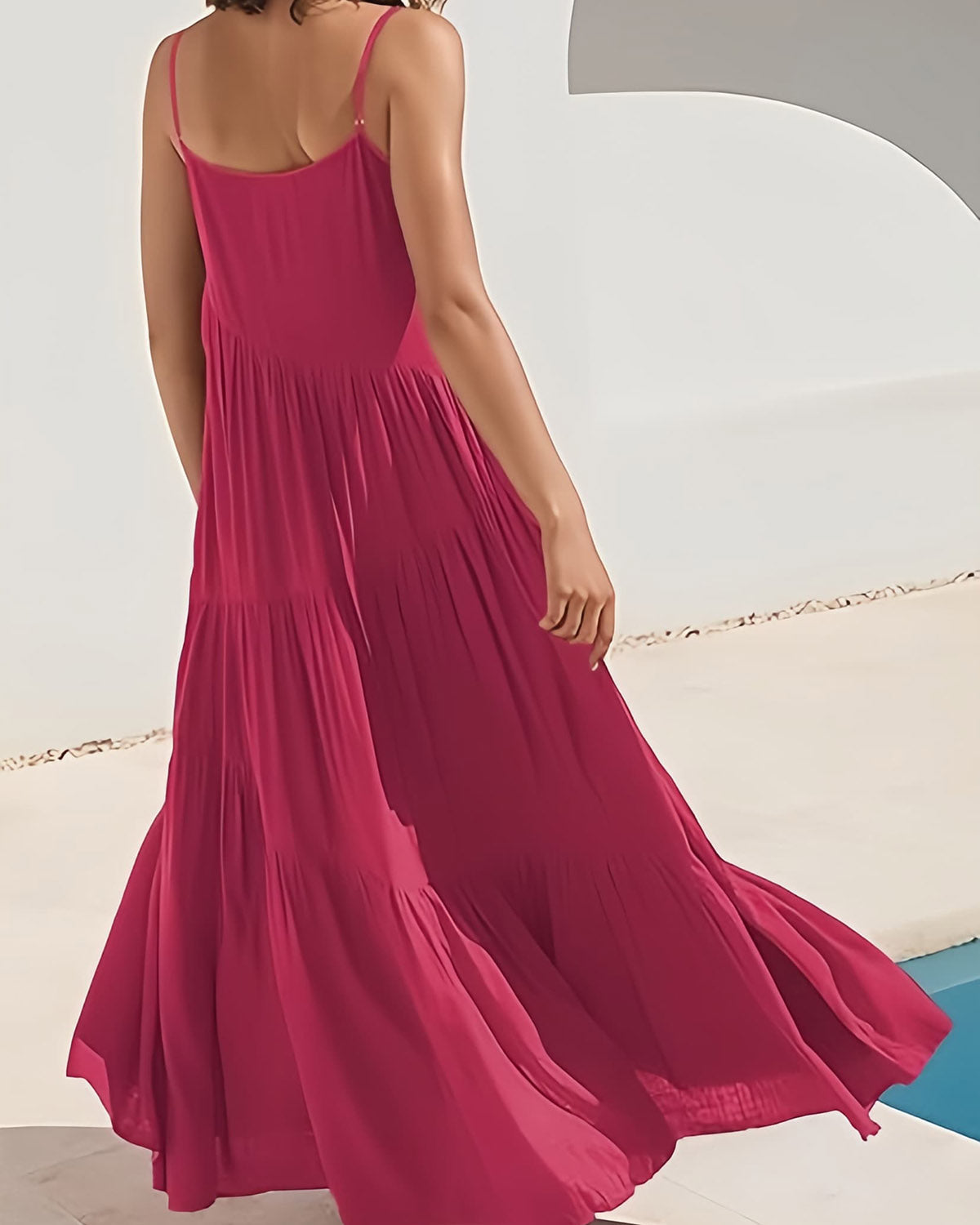 Women’s Rose Red Summer Sleeveless Spaghetti Strap Tiered Maxi Dress