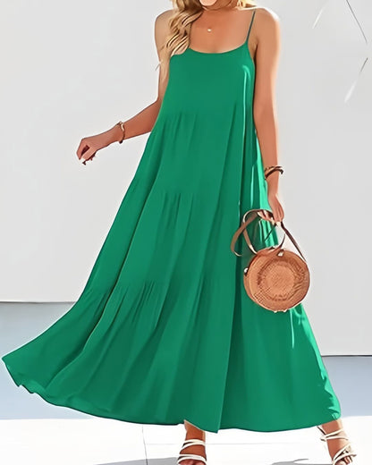 Women’s Dark Green Summer Sleeveless Spaghetti Strap Tiered Maxi Dress