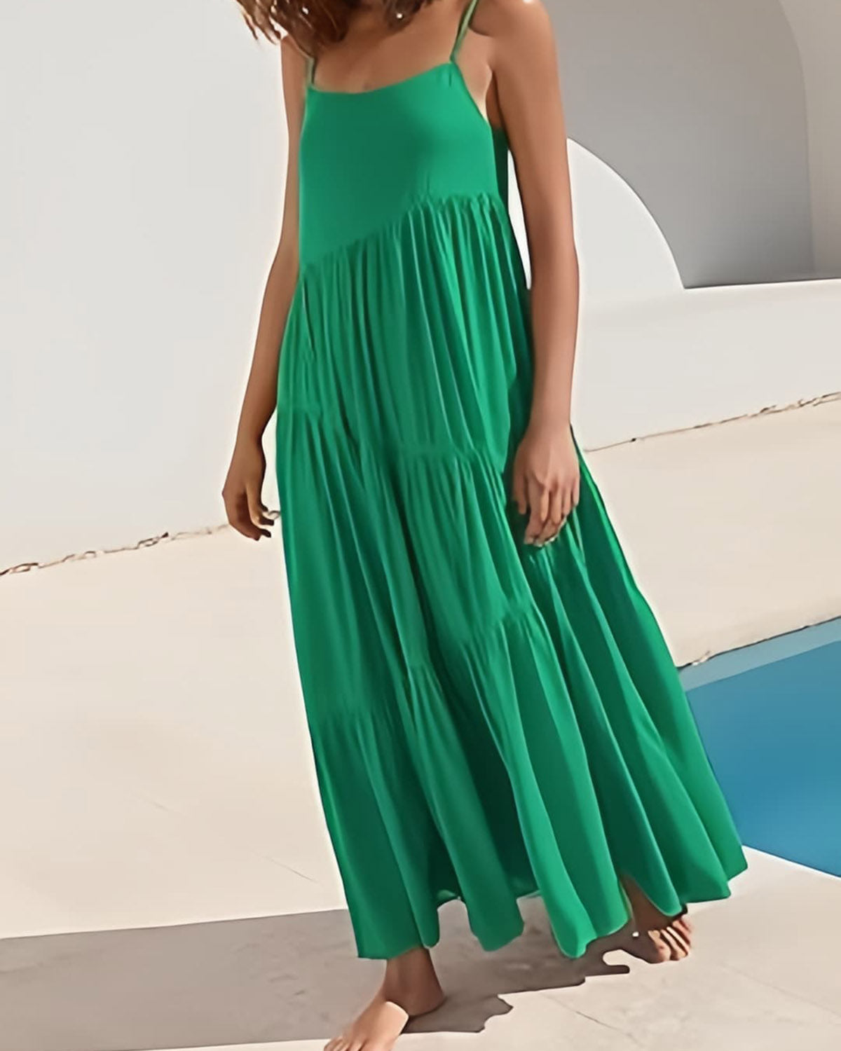 Women’s Dark Green Summer Sleeveless Spaghetti Strap Tiered Maxi Dress