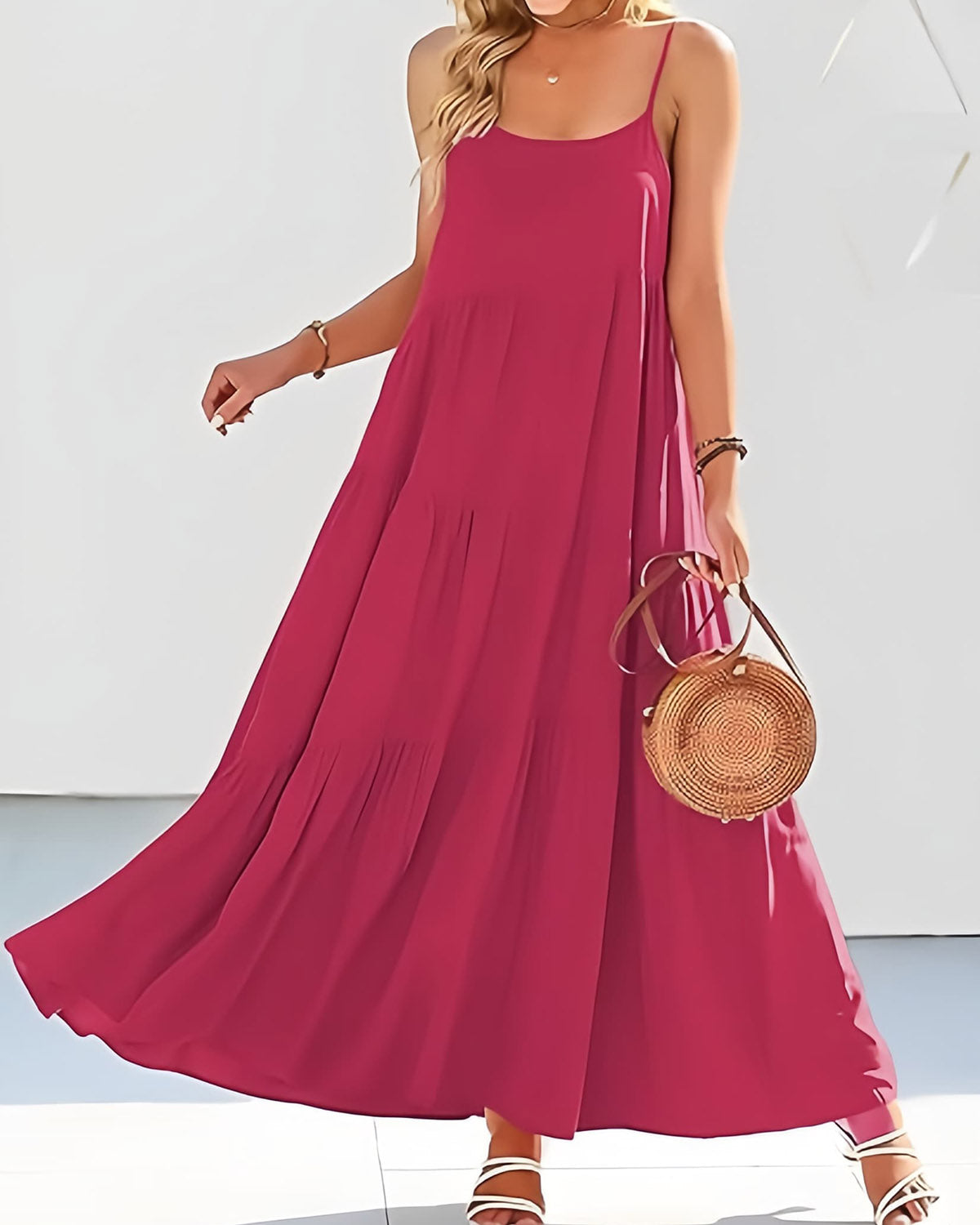 Women’s Rose Red Summer Sleeveless Spaghetti Strap Tiered Maxi Dress