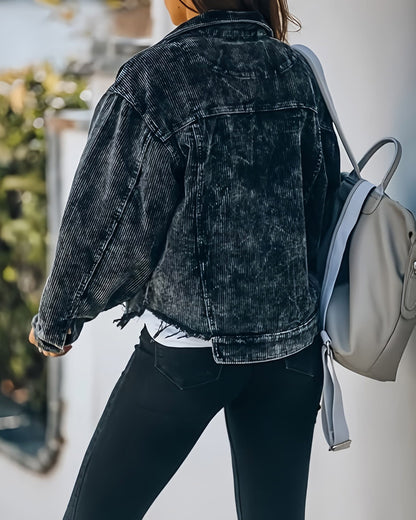 Black Cropped Corduroy Shacket for Women with Fringe & Frayed Hem