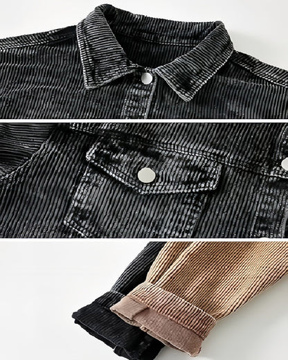 Black Cropped Corduroy Shacket for Women with Fringe & Frayed Hem